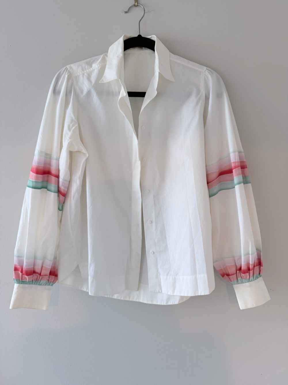 Alaia White Button-Down Blouse with Pink and Mint Stripe Detail